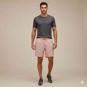 Lululemon Men's Athletic Shorts L Orange Gray Geometric Print Drawstring Pockets